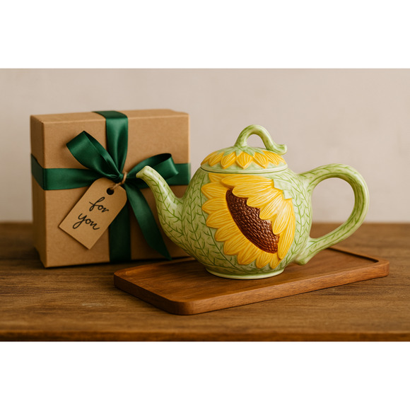 Vintage Seymour Mann Sunflower Teapot Hand Painted Faience Yellow Green Ceramic - Picture 2 of 10